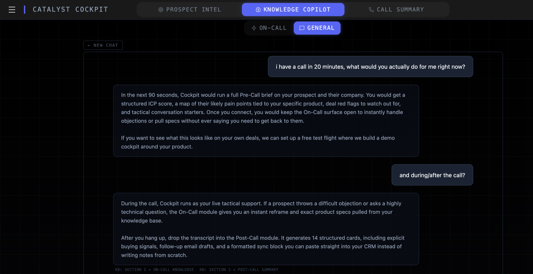 General AI walking through the call lifecycle with knowledge base citations