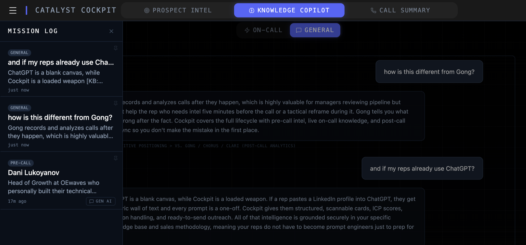 Mission Log: past runs across modules, reloadable and sendable into General AI